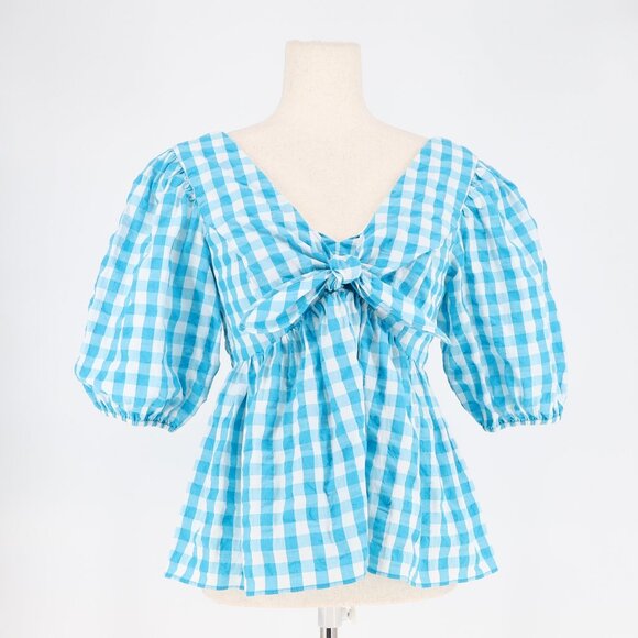 LILLY PULITZER Sarafina Crinkle Gingham Top Turquoise Oasis Blue Size 2 - Picture 3 of 9
